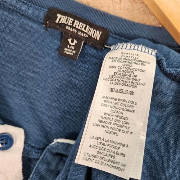 True Religion Shirt Henley Collar Embroidered Logo Short Sleeve Blue T-Shirt - Picture 8 of 10